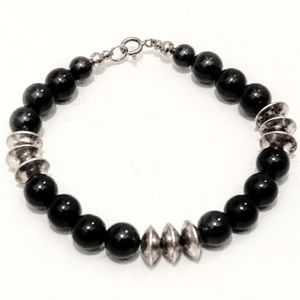 Vintage Sterling Silver & Onyx Bead Bracelet